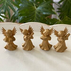 Vintage Gold Angels Playing Instruments Figurine Ornaments. Made in Hong Kong.